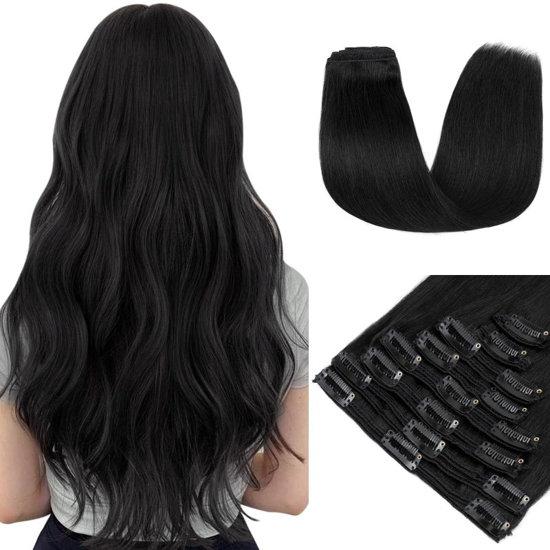 My Lady MY-LADY Double Weft Clip in 100% Remy Human Hair Extensions #1 Jet Black Full Head Thick Thickened Long Soft Straight 8pcs 18clips Natural Black 22" / 22 inch 160g - Image 1